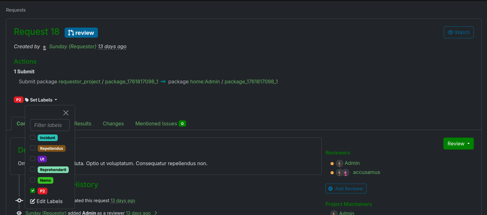 The request and it's labels The request and it's labels
