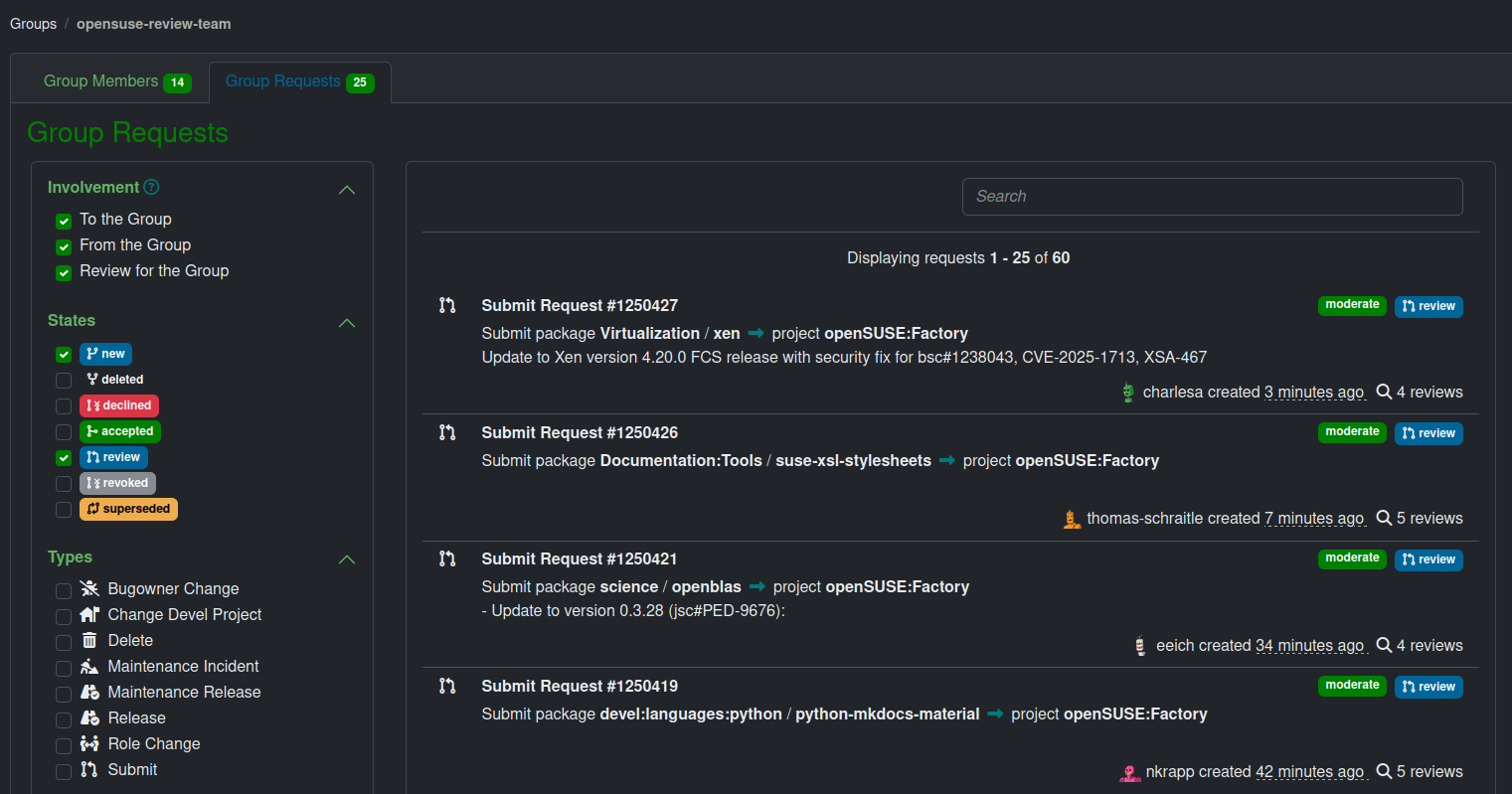 Requests for the opensuse-review-team group