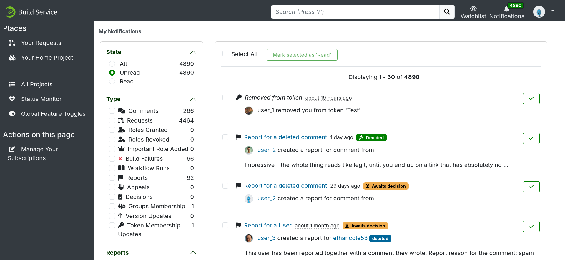 Screenshot of the notifications page