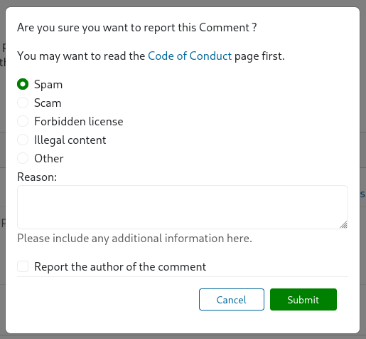 Screenshot of the dialog for reporting a comment